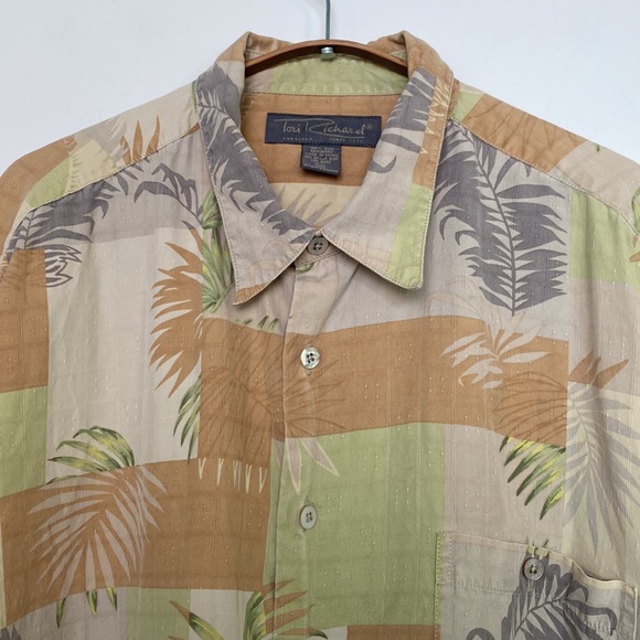 Vintage 90s Silk Hawaiian Shirt Men 2XL Cream Tan Palm Fronds USA Camp Festival - Picture 3 of 13